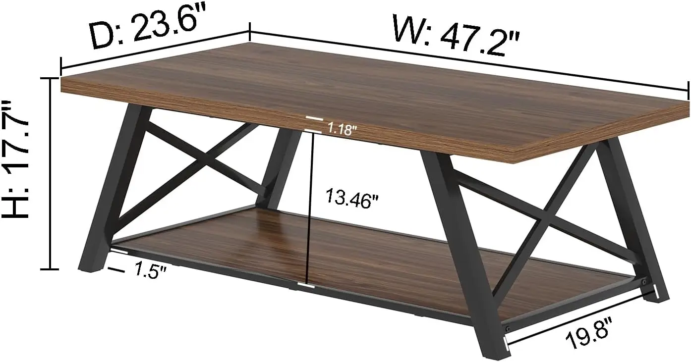 Rustic Walnut 47‑Inch Rectangular Modern Industrial Coffee Table with Storage Shelf, Wood‑and‑Metal Cocktail Center Tea Table for Living‑Room Home Furniture