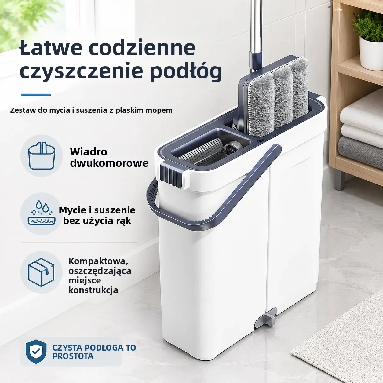 Zestaw wąskiego wiadra na mop Joybos oszczędzający miejsce (szerokość zaledwie 5,3 cala), mop samoczynnie wykręcający się z wbudowanym skrobakiem do włosów i podstawą z przyssawką zapobiegającą