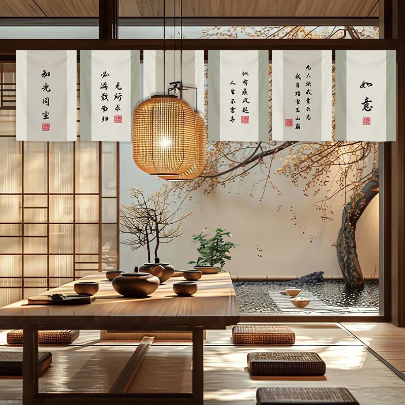 Chinese Ancient Style Poetry Half Curtain Kitchen Partition Tea Room Zen Hanging Flag Resturant Homestay Decor Door Head Curtain