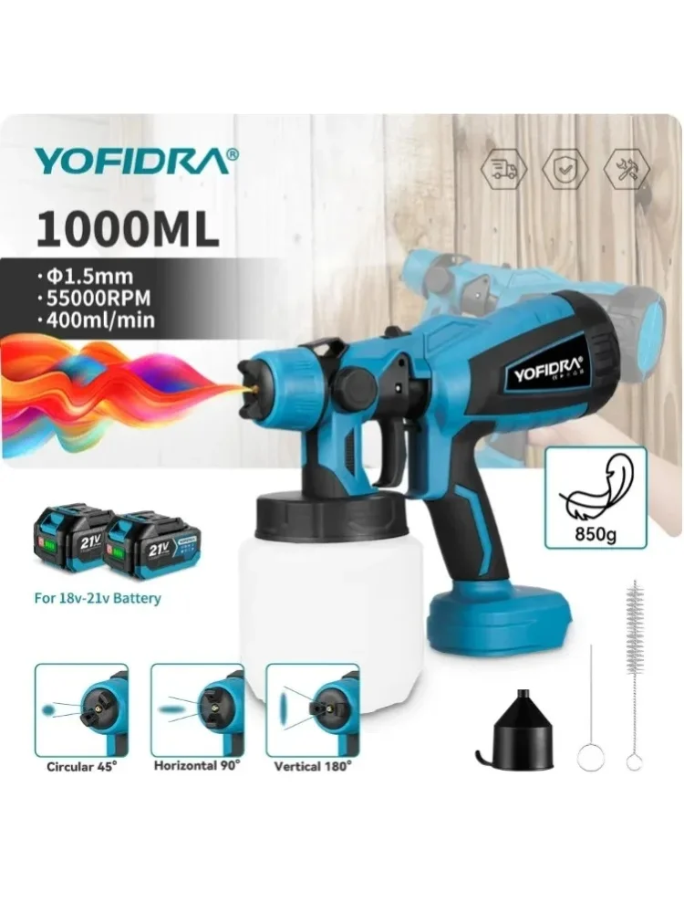 YOFIDRA 1000ML Elektryczny pistolet natryskowy, bezprzewodowy, do malowania, technologia HVLP, do samochodów, mebli, powlekania stalowym, aerograf, narzędzia elektryczne do majsterkowania, — 2
