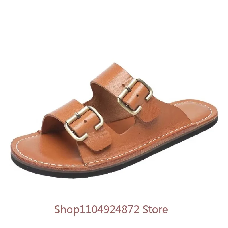 Handmade Stitched Genuine Leather Retro Slippers Men's Shoes Summer Outdoor Beach Sandals Slip on Flat Open Toe Fashion Slippers