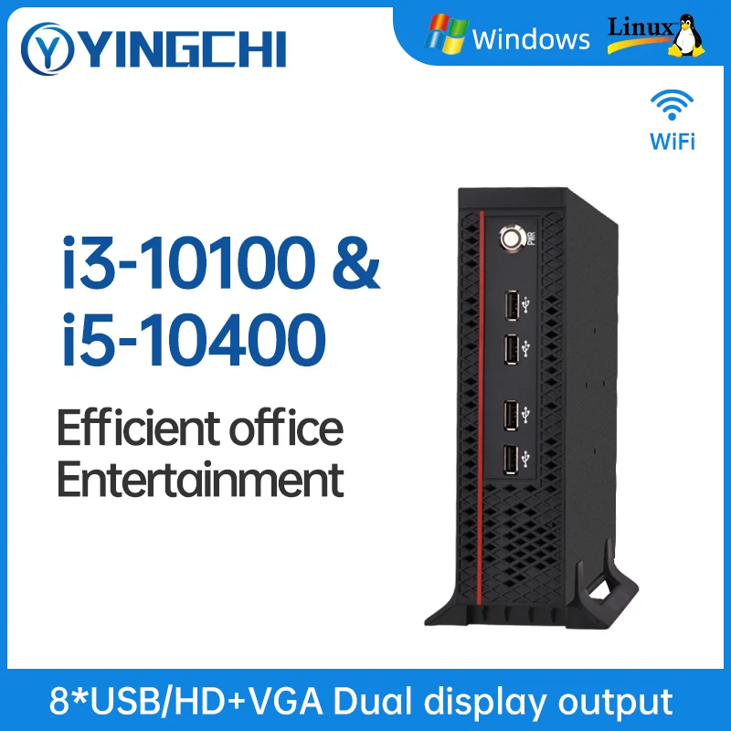 YINGCHI Mini PC HD VGA/DP Dual Display Core i3 10100 i5 12400 High-performance Home Office Win10 Small Desk Computer