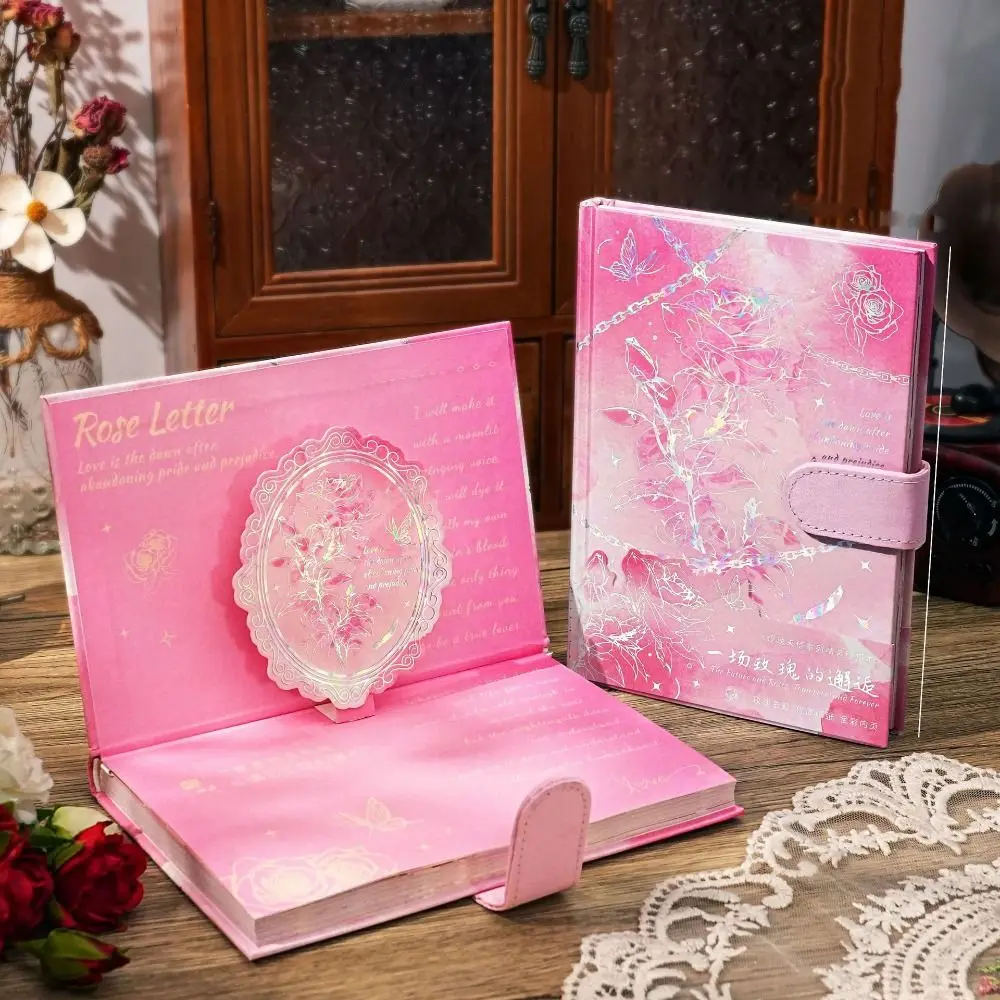 Rose Style Exquisite Diary Notebook Magnetic Button Color Pages Retro Rose Notebook Thicken Portable Romantic Diary Planner
