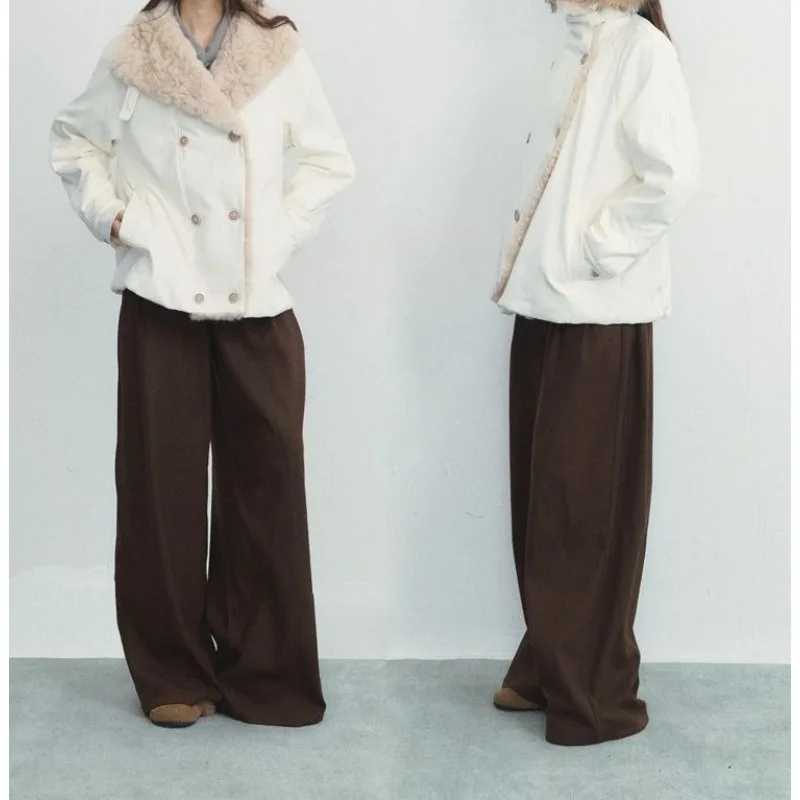 Large Lapel Double-breasted Fluffy Jacket for Women's 2025 Autumn and Winter New Niche Design Loose Plush Thickened Top