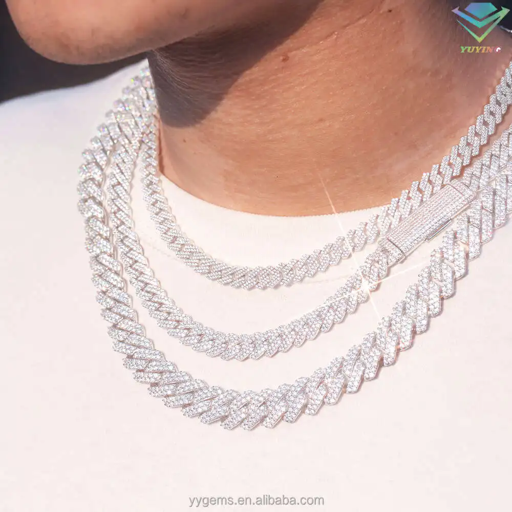 Luxury 100% Pass Diamond Test Vvs Moissanite Diamond White Gold Plated Silver Cuban Link Chain for Mans Hip Hop Necklace.