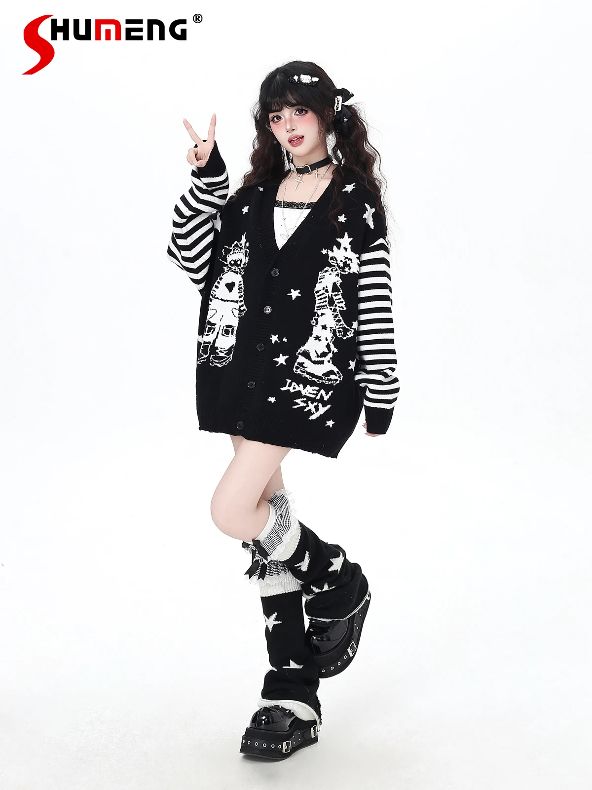 

Модная уличная одежда, милые крутые топы Y2K для девочек, полосатые звезды, с длинным рукавом и v-образным вырезом, однобортные свободные вязаные кардиганы, женская куртка