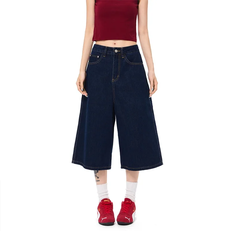 

American Retro Bla Denim Seven-Foot Pants Men Women Summer New Street Loose Couple Straight Jeans orts High Waist Polyest...