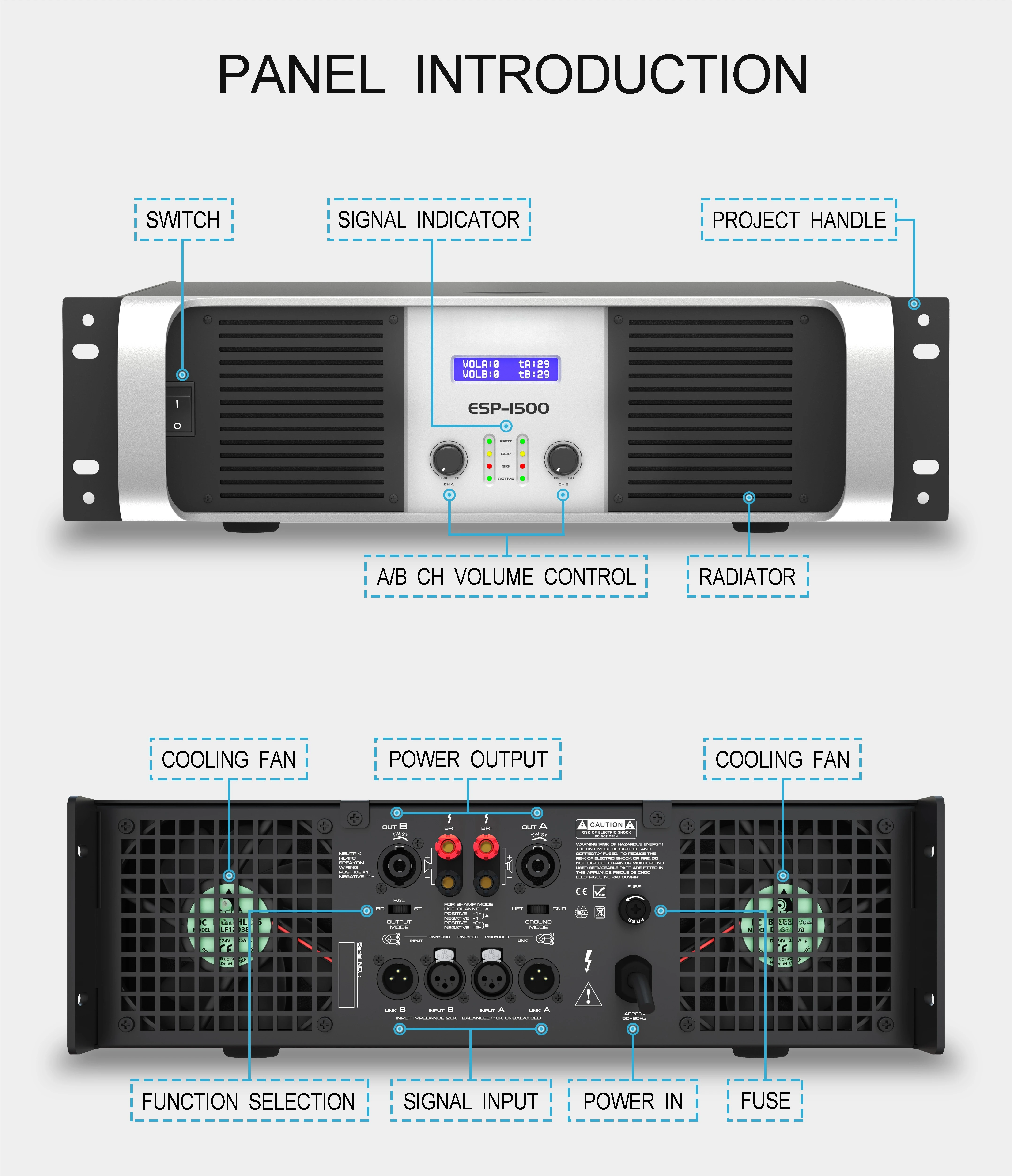 3U TD Class 2 Channels Active/Passive Stereo Audio Power Amplifier 1500W High Power Screen for Pro Audio 8ohm Impedance Metal