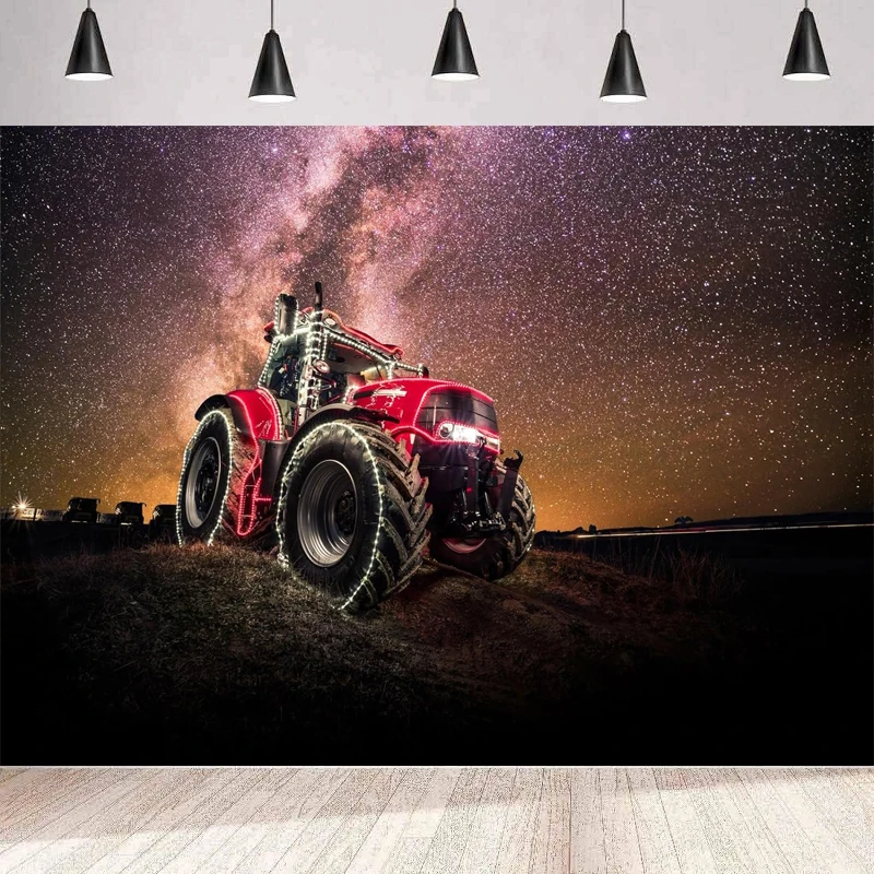 

Red Tractor Under Starry Night Photography Backdrop Farm Tractor Milky Way Night Sky Stars Background Kids Adults Birthday Party