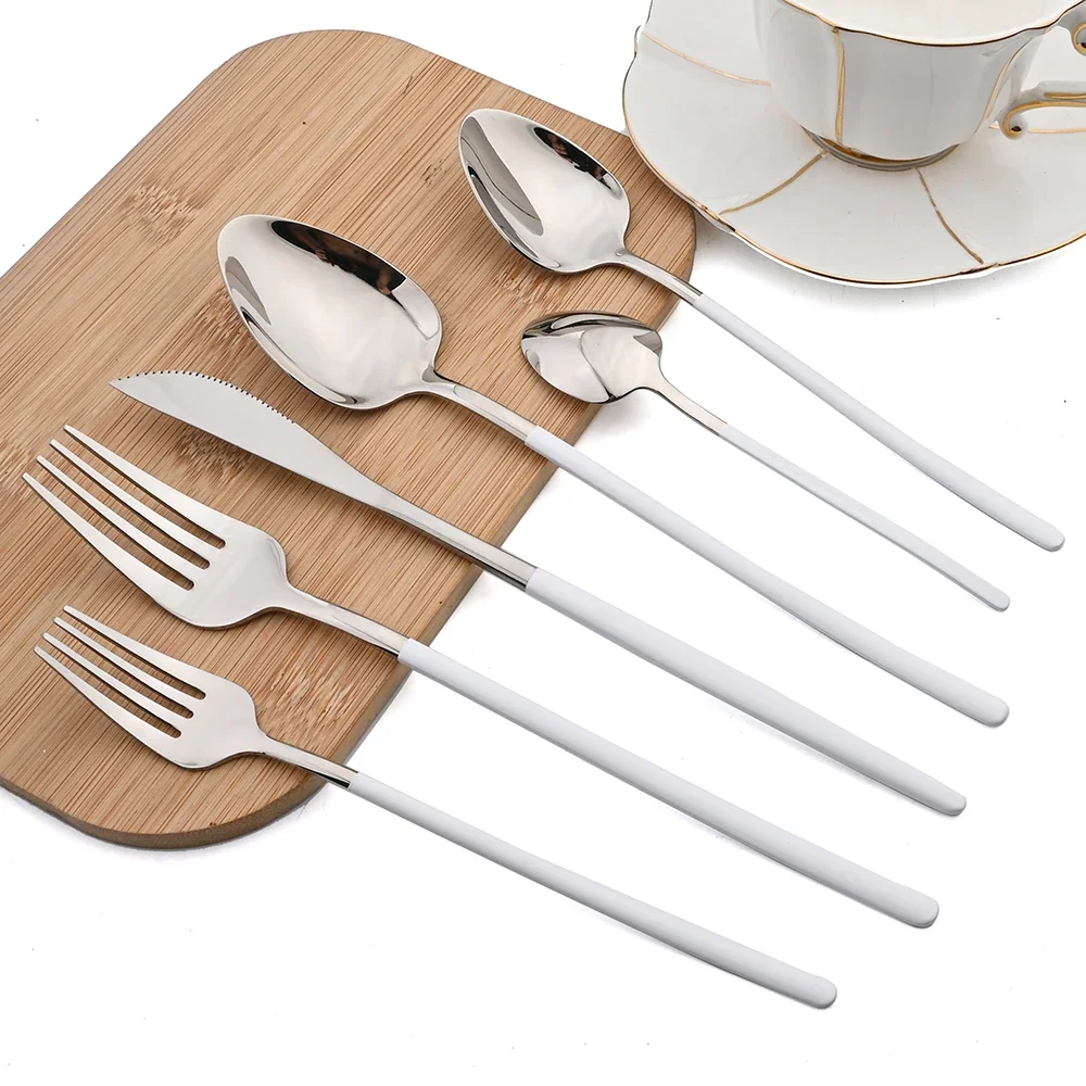 24Pcs Stainless Steel Tableware Silver Cutlery Set Knife Fork Spoon Dinnerware Mirror Flatware Western Kitchen Silverware