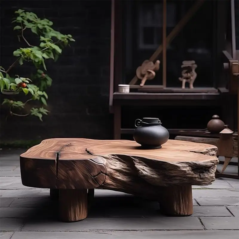 Wabi Sandy wind solid wood coffee table living room household small apartment log round low table Internet celebrity