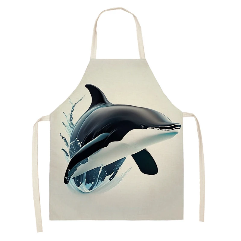 Women's kitchen apron oil painting style Restaurant chef barber Waterproof apron for menand child painting ocean shark 55×68cm