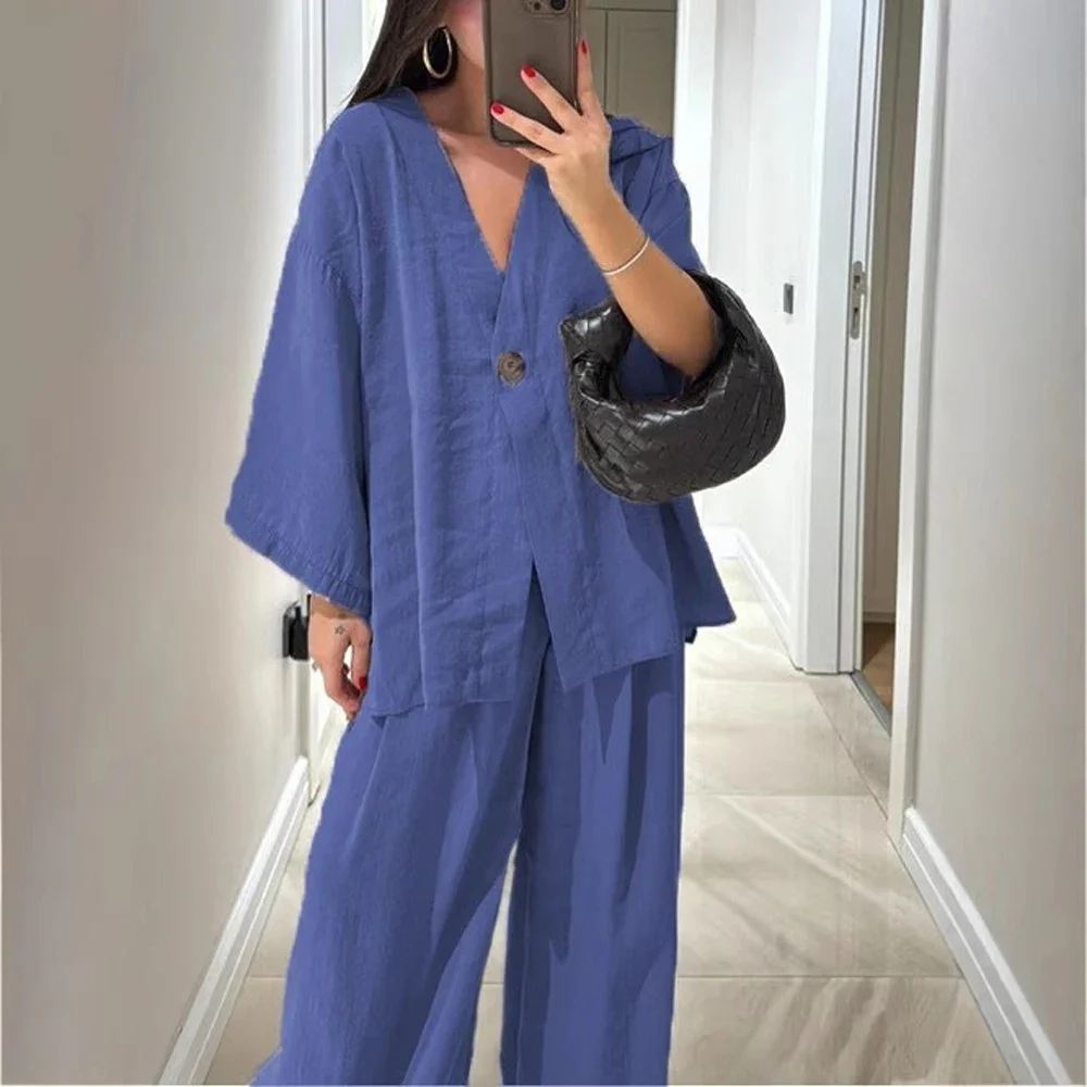 Women's V Neck One Button Linen Blouse Shirt Sets Two 2 Pieces Sale Casual Loose Batwing Sleeve Blouse&Wide Leg Pant Suits