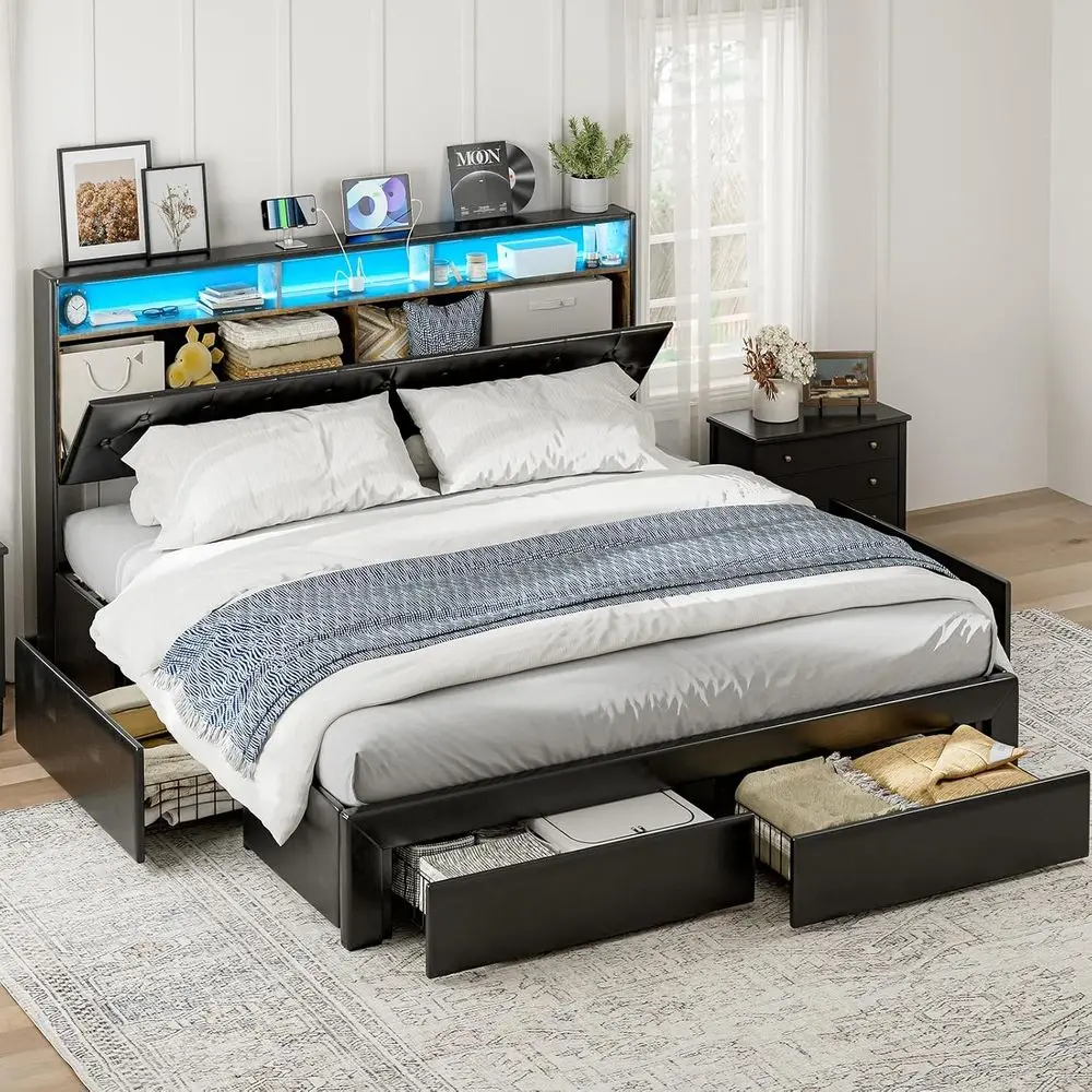 

California King Bed with 4 Drawers, Hidden Storage, Upholstered Platform, LED & Type-C Charging, Wood Slats, Noise-Free (Black)