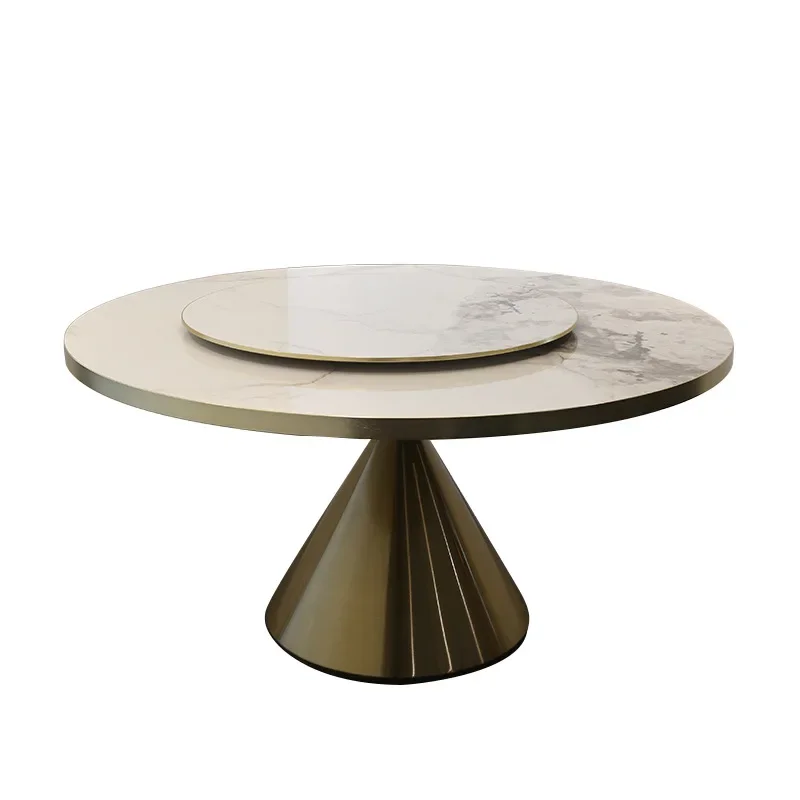 Light rock slab round dining table with turntable round table restaurant hotel private room stainless steel rock slab table