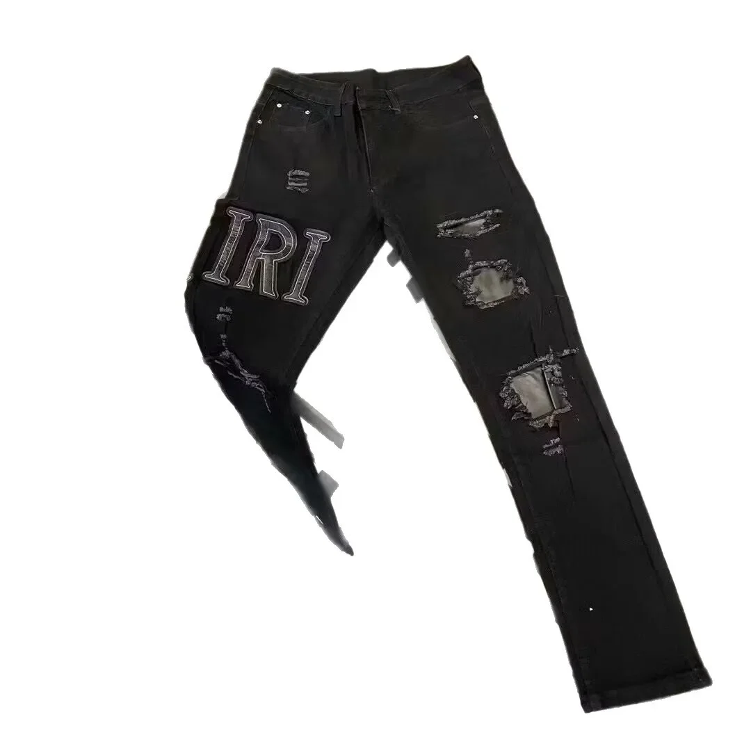 العصرية المطرزة المتعثرة المرقعة سليم صالح الجينز الرجال الراقية المألوف السراويل الطويلة تخصيص الشارع الشهير