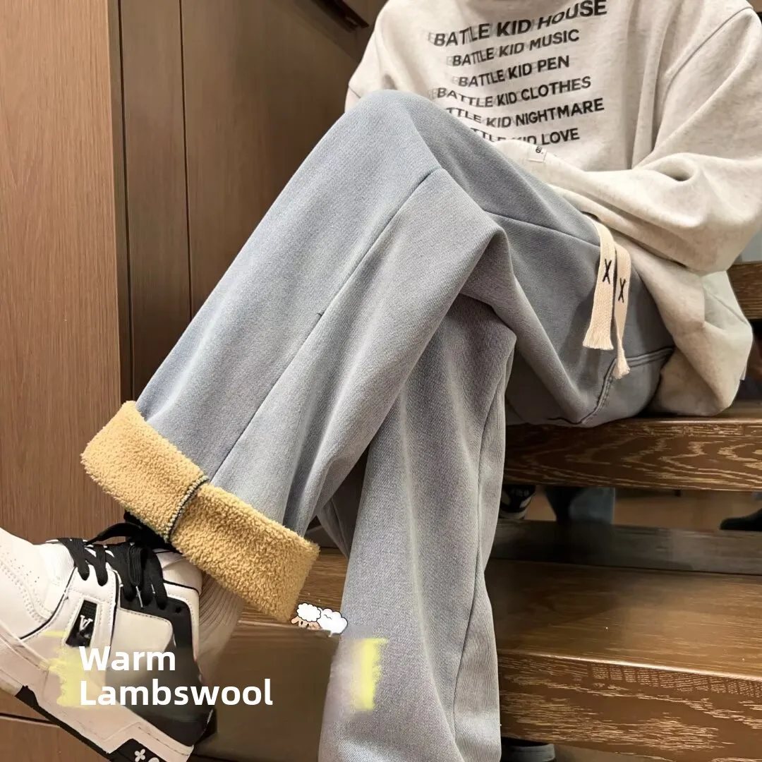 

Men's Fce Lined Thiened Lamb Velvet Jeans Autumn Winter Straight Leg Long Pants American Retro High Street Sle Jeans