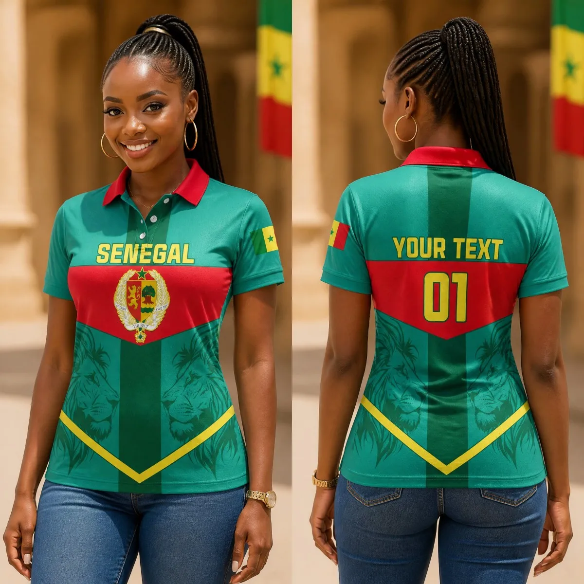 Women Senegal Retro Polo Shirt Short Sleeve Turn Down Collar Brush Print Casual Summer Sports Top For Daily Wear Outfit
