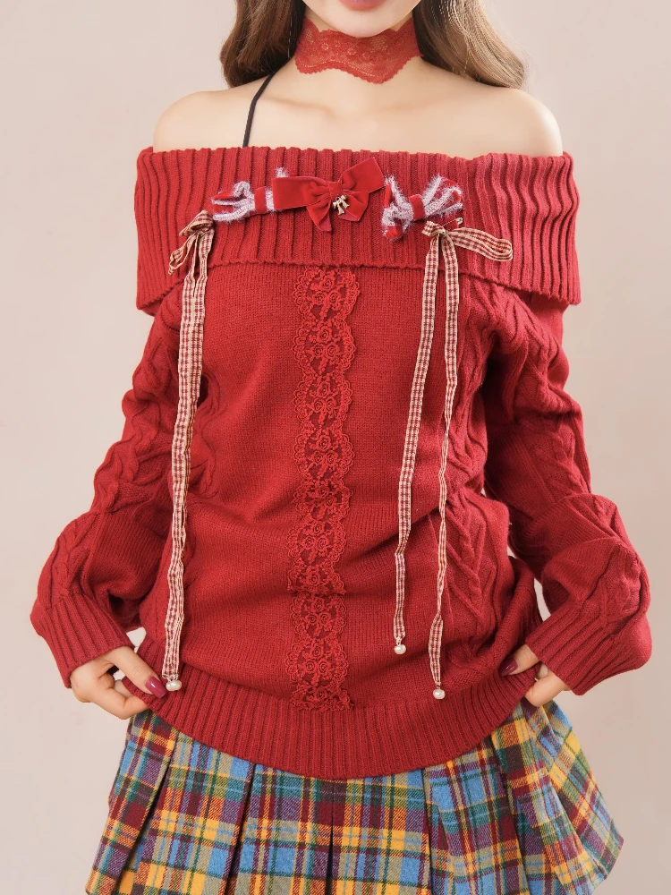 Mode Weihnachten Rot Off Schulter Bogen Stricken Pullover + Plaid Falten Rock Zwei Stück Set Frauen Winter Süße Adrette Outfit