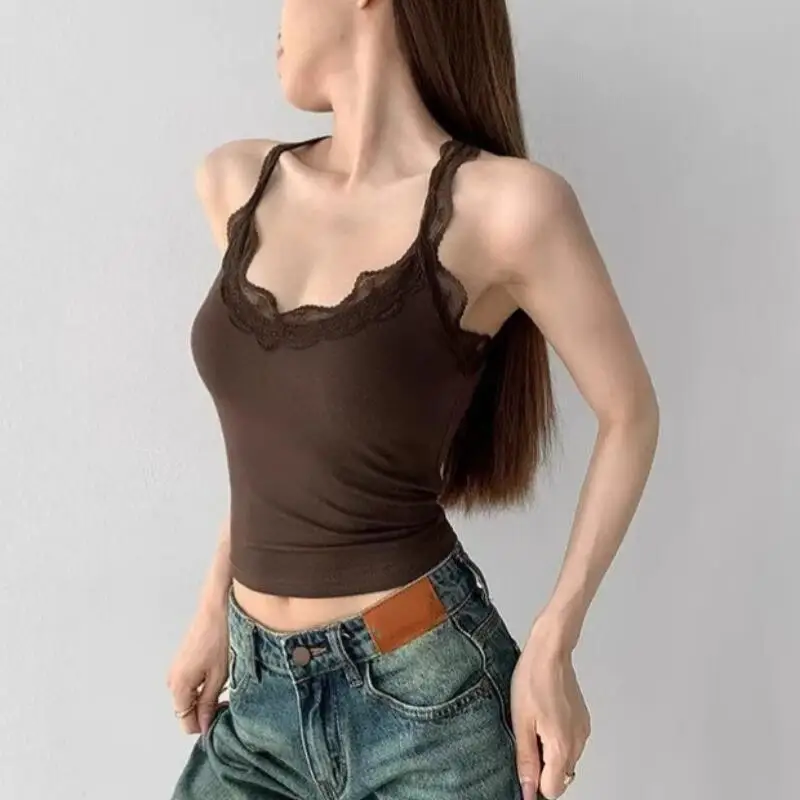 

Sexy and pure desire U-neck lace vest for women's summer fashion, slim fit, versatile short style, spicy girl suspender top