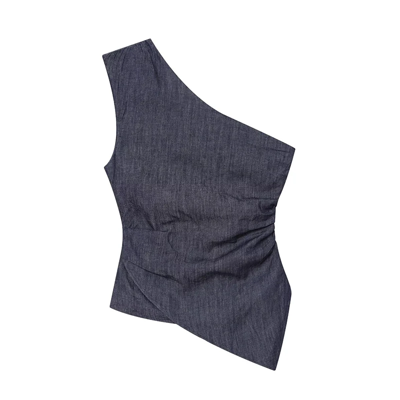 Willshela Women Fashion Denim Navy Blue Pleated Side Zipper Tank Tops Vintage Backless Asymmetrical Neck Female Chic Lady Tops
