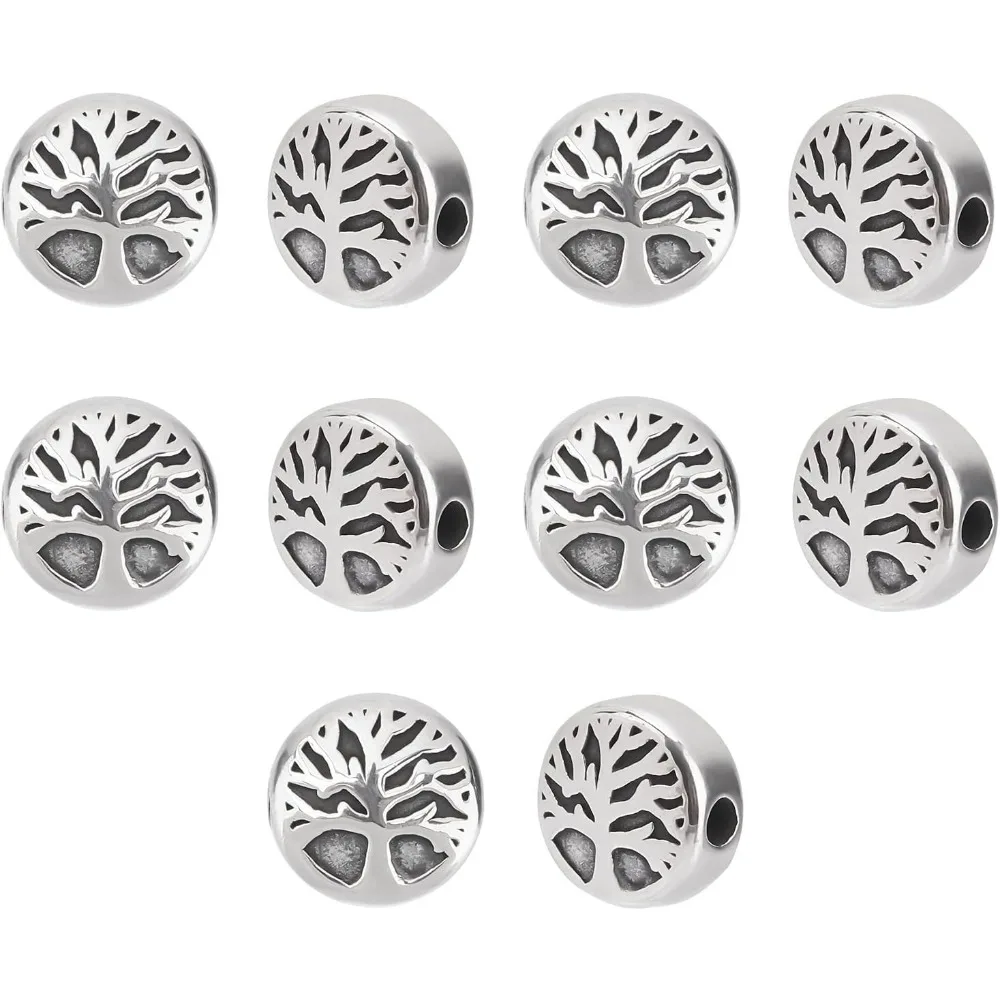 10pcs 10mm Flat Round with Tree of Life Beads 304 Stainless Steel Round Beads Metal Spacer Beads for Jewelry making kit