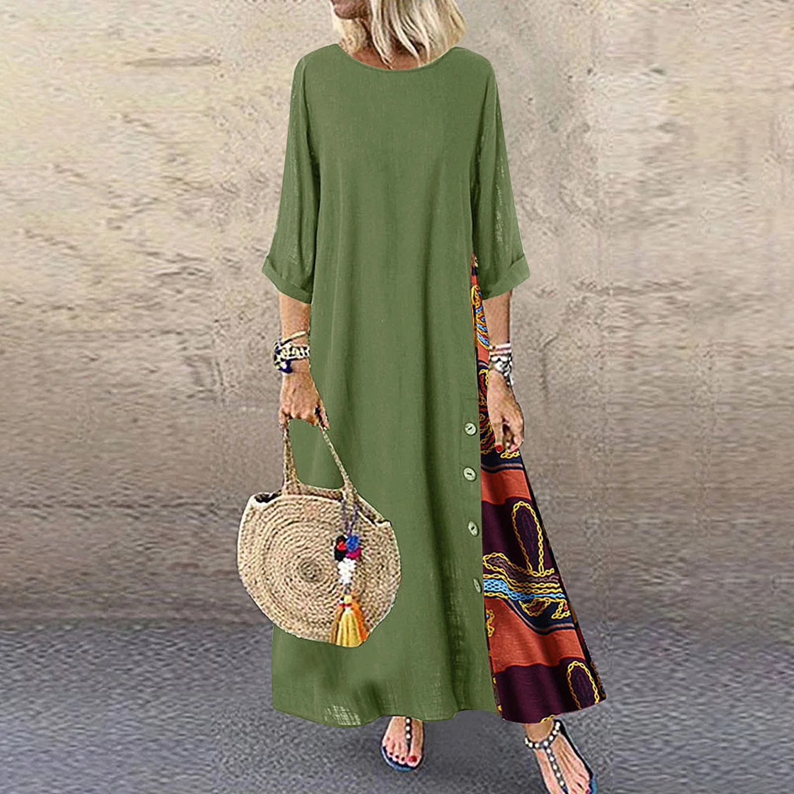 Plus Size Autumn Retro Floral Round Neck Color Block Button Splicing Seven-point Sleeve Dress Cotton Linen Artistic Long Dres...