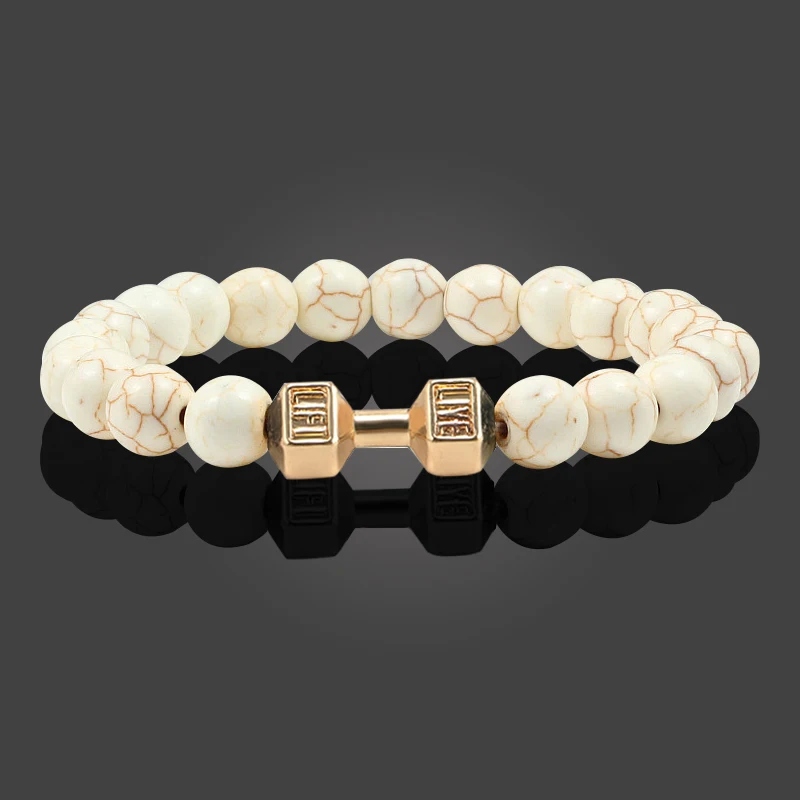 New Dumbbells Bracelets Bead Fashion Natural Fit Life Black Stone Beaded Bracelet For Men\'s Energy GYM Barbell Jewelry Gifts