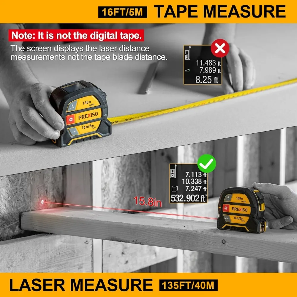 Fita métrica a laser 2 em 1, fita NÃO DIGITAL - ferramenta de medição a laser recarregável e gancho magnético móvel de fita métrica de 16 pés