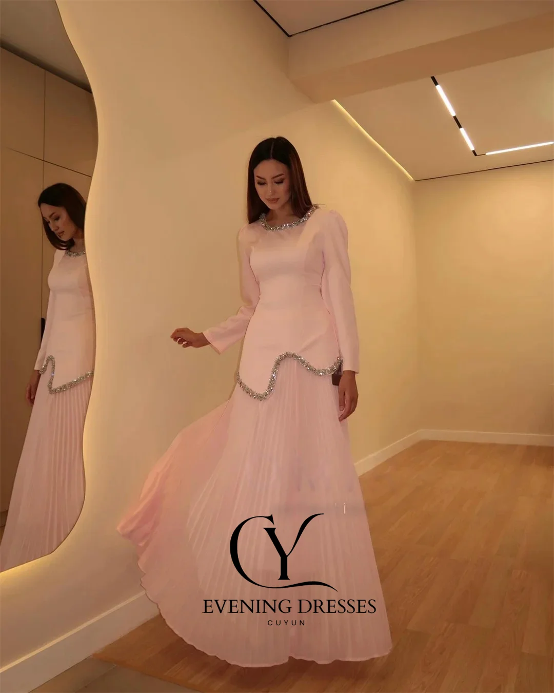 CUYUN-vestidos de fiesta personalizados para mujer, para ocasiones especiales, lujoso vestido de fiesta de manga larga, vestido elegante rosa con cuello redondo brillante