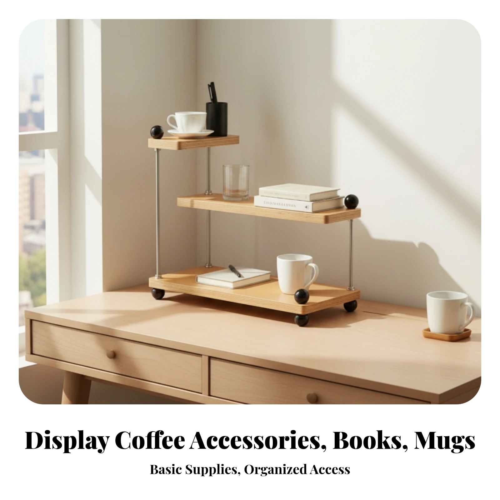 Desktop Storage Rack Natural Wood 3 Tier Shelf Wooden Desk Rack Modern Look Cup Shelf Stand Multifunctional