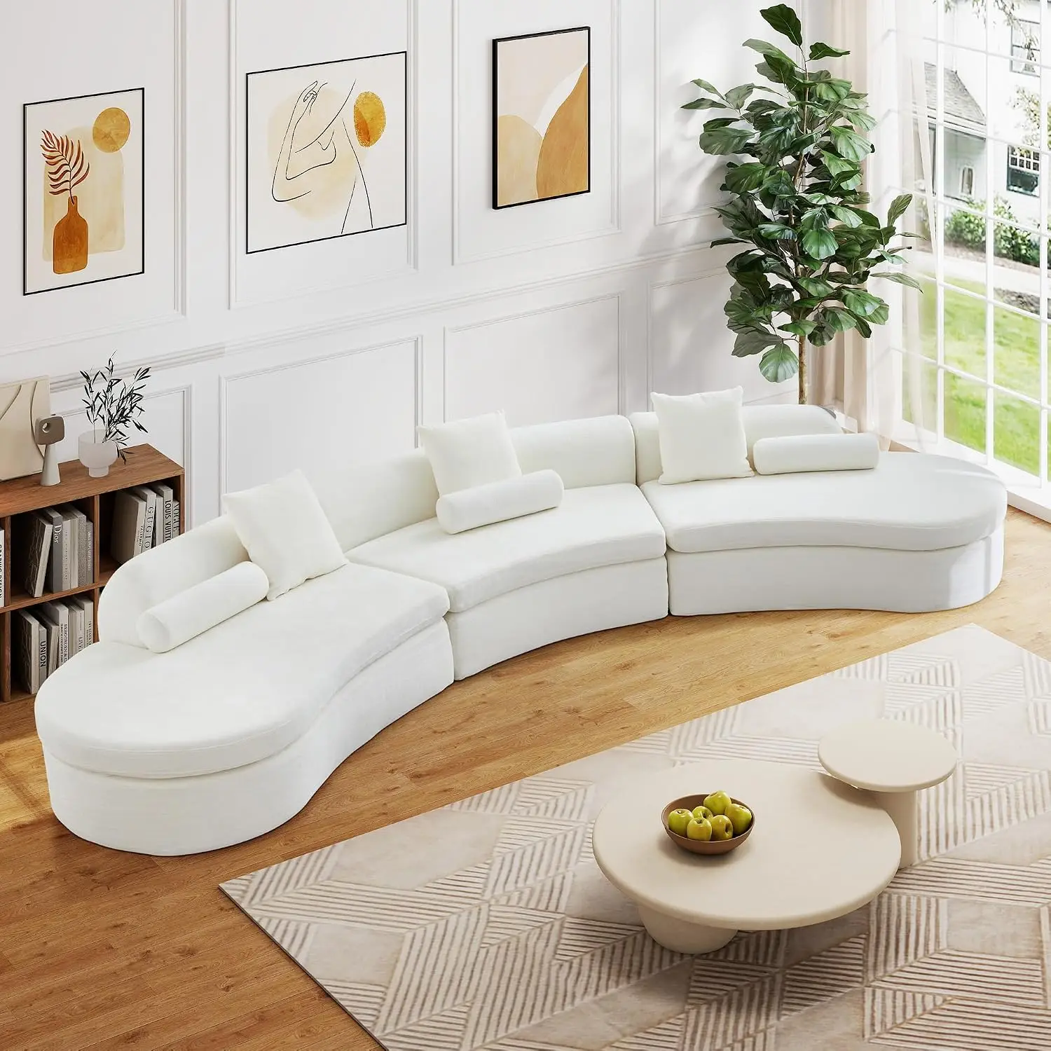 Curved Modular Sectional Sofa, 6 Seater Sofa For Living Room With 6 Pillows, High-Density Foam, White, Customized