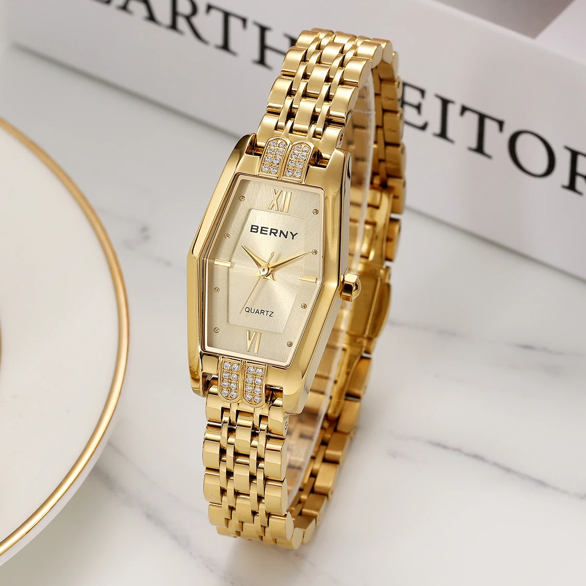 BERNY Women's Watches Gold Full Stainless Steel Luxury Diamond Dress Quartz Watch for Women Fashion Elegant Ladies Wristwatches