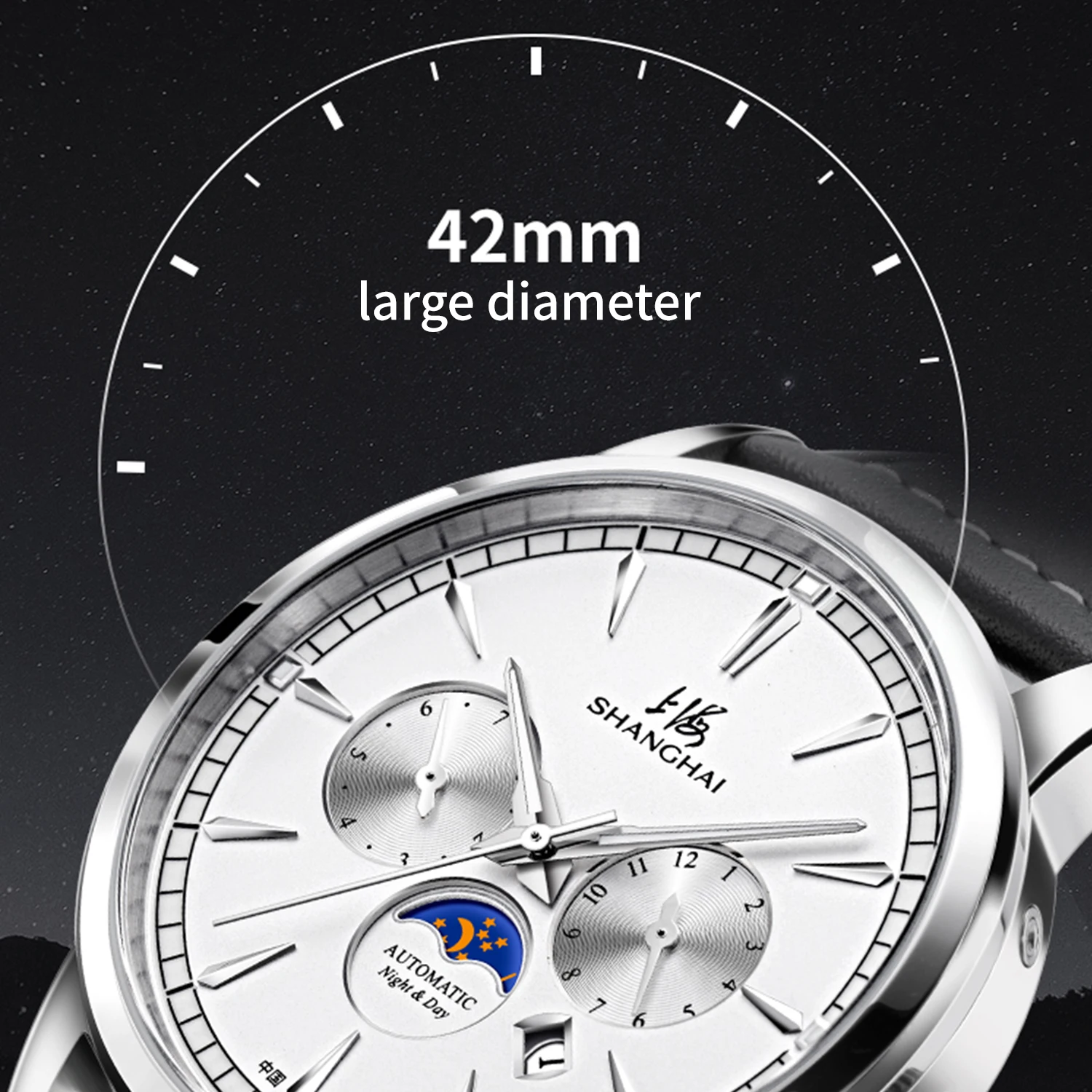 شنغهاي الفاخرة الرجال التلقائي ساعة ميكانيكية القمر المرحلة الأعمال موضة ساعة رجالي التقويم 41 مللي متر الياقوت مقاوم للماء 6025