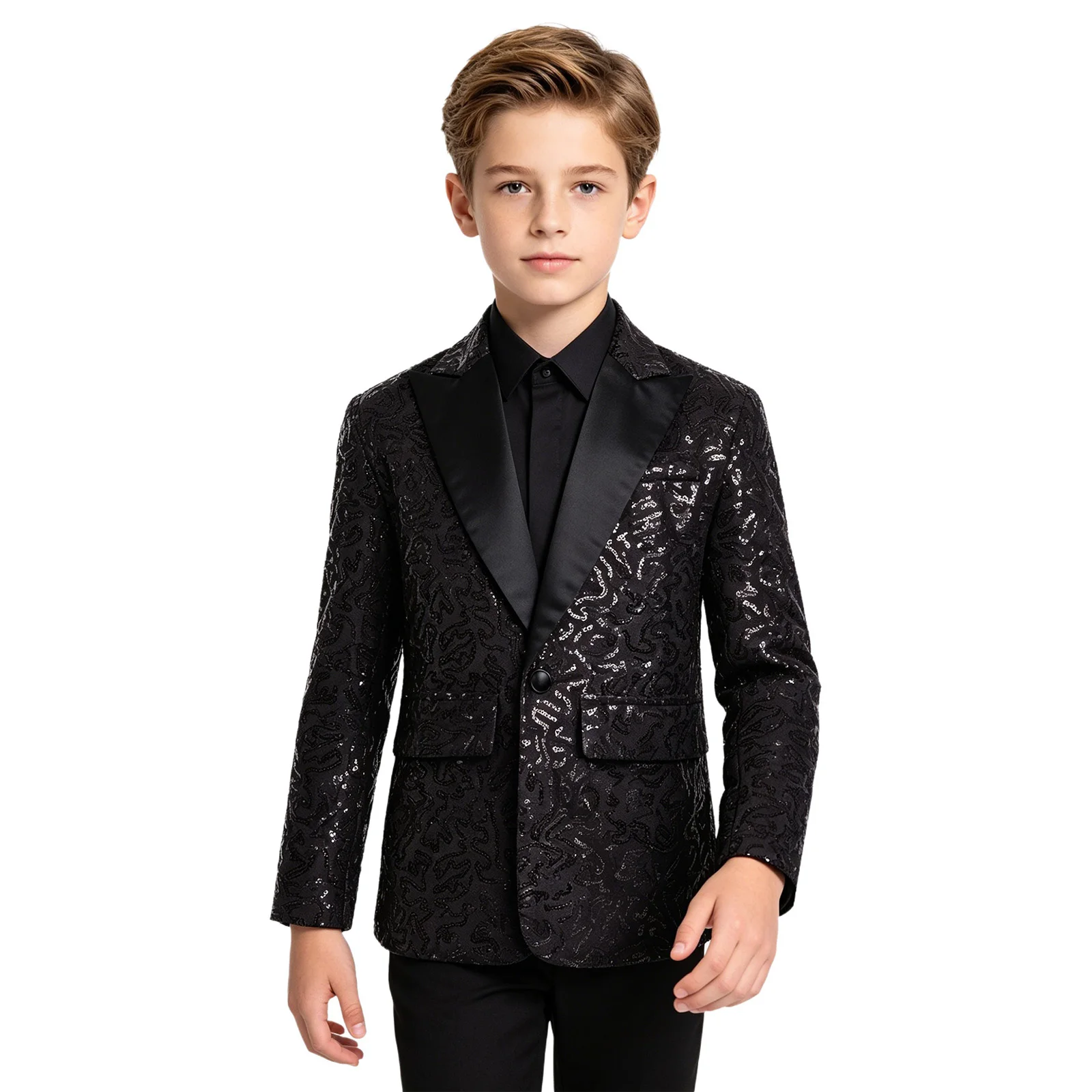 Kinder Jungen Jazz Dance Oberteile Performance Kostüm Glänzende Pailletten Glitzer Revers Einknopf-Anzugjacke Blazer Festival Smoking Jacke – Detail 17