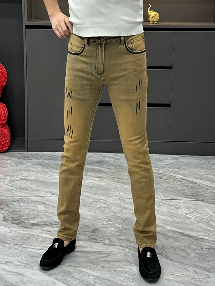 

Elegant Men's Light Gold Embroidery Slim Fit Jeans Comfortable Elastic Casual Straight Leg Spring Summer Fashion Jeans