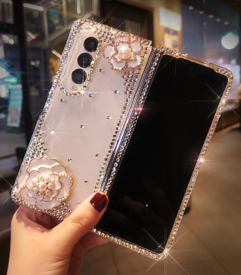 Cover per telefono camelia con perle di diamanti di lusso per Samsung Galaxy Z Fold6 Z Fold 5 custodia rigida per PC con strass Bling per Z Fold 4 3