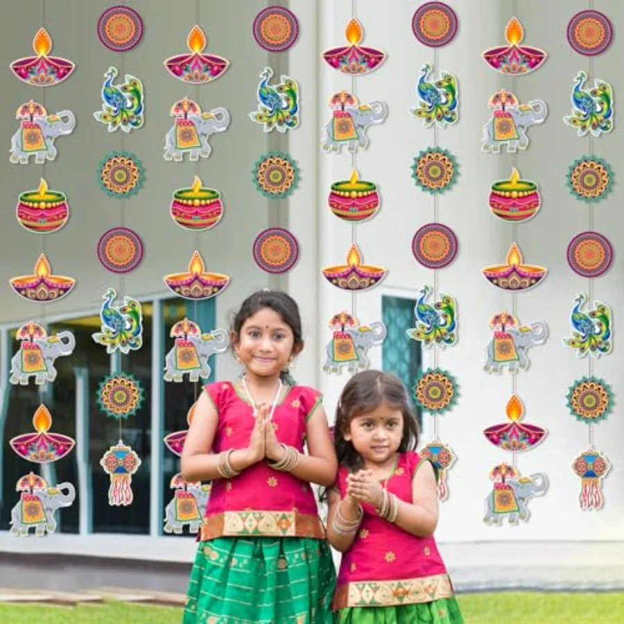 8 Pcs Happy Diwali Hanging Decoration Supplies Indian Festival of Lights Hanging Banner Deepavali Suture Paper Circle Garland D