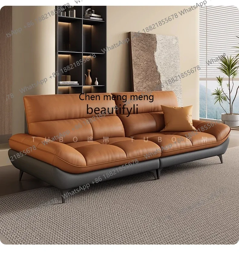 A182 C Shuangpin orange first-layer cowhide leather sofa light luxury small apartment living room three-person straight row