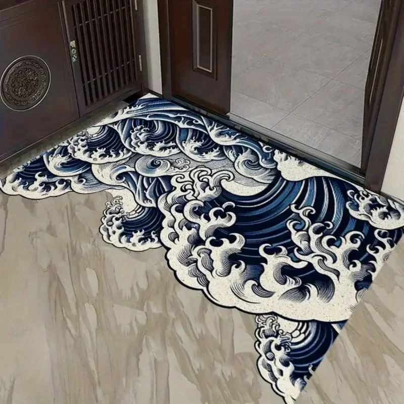 VIKAMA Kanagawa Surf Ukiyo-e Irregular Doormat, Japanese Style Non-Slip Foot Mat, Durable Entryway Rug, Artistic Home Decoration