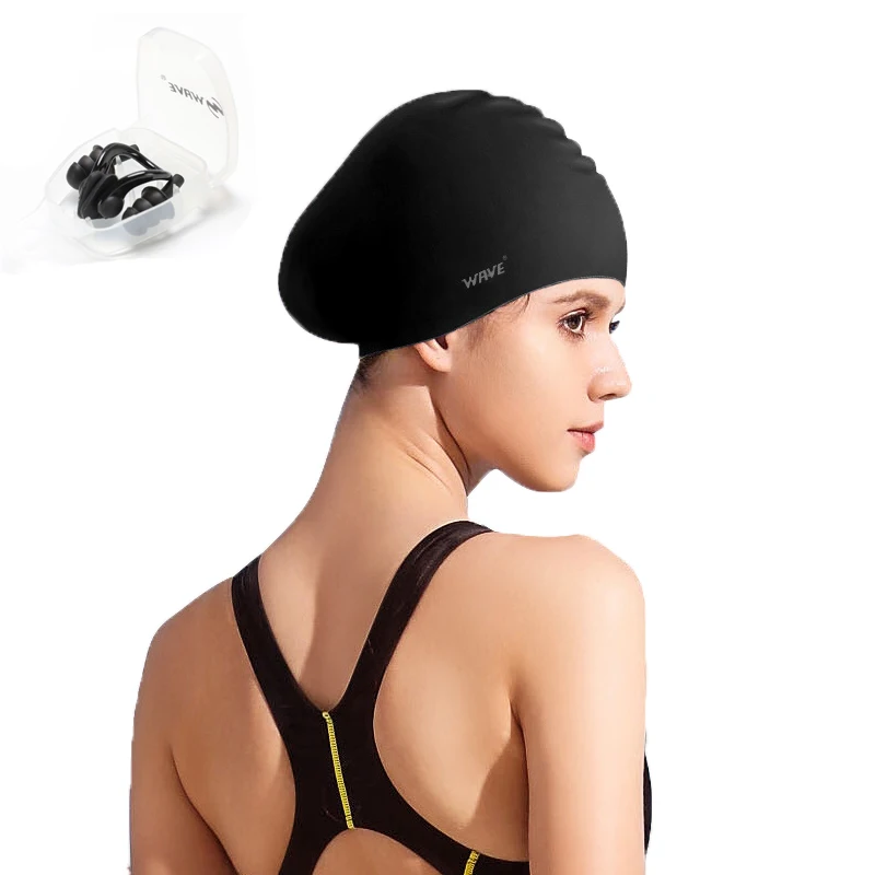 

Silicone Swimming Cap, Durable Non-Slip Waterproof Swim Cap Protect Ears, Long Hair for Adults, with ear plugs and nose clips