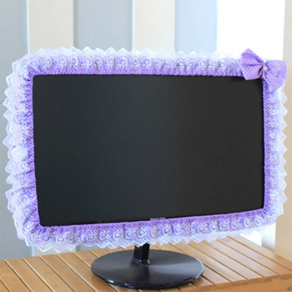 Washable Lace Fabric Computer Frame Cover Monitor Screen Dust Cover With Elastic Pen Pocket Bow Home Decorations
