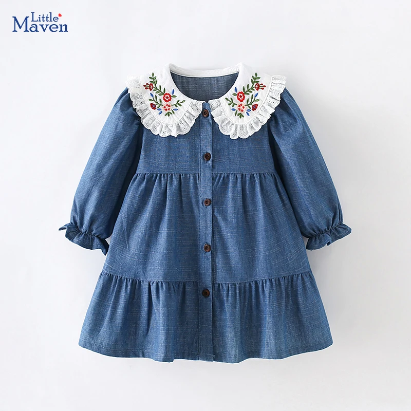 Little maven Kids Clothes 2024 Autumn Spring Baby Girls Cotton Embroidery Cartoon Flowers Casual Long Sleeves Dresses 2-7 years