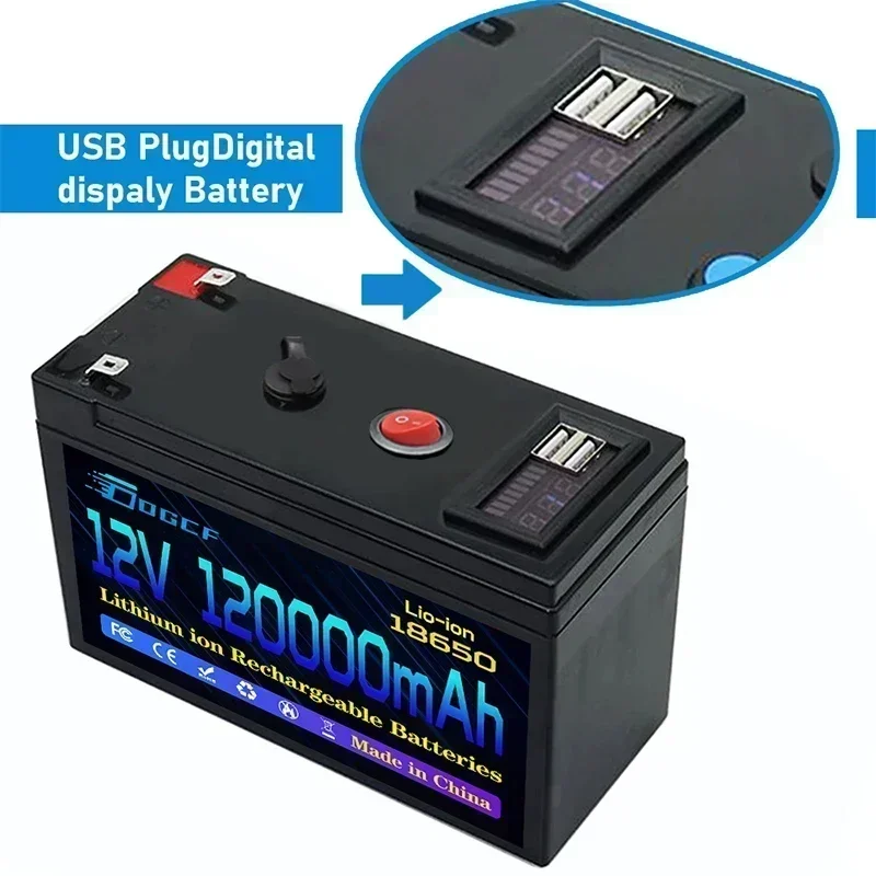 แบตเตอรี่ 12V 120Ah 18650 LiFePO4 แบตเตอรี่ลิเธียมในตัว 5V 2.1A USB Power Display Port Charger + 12.6V 3A Charger