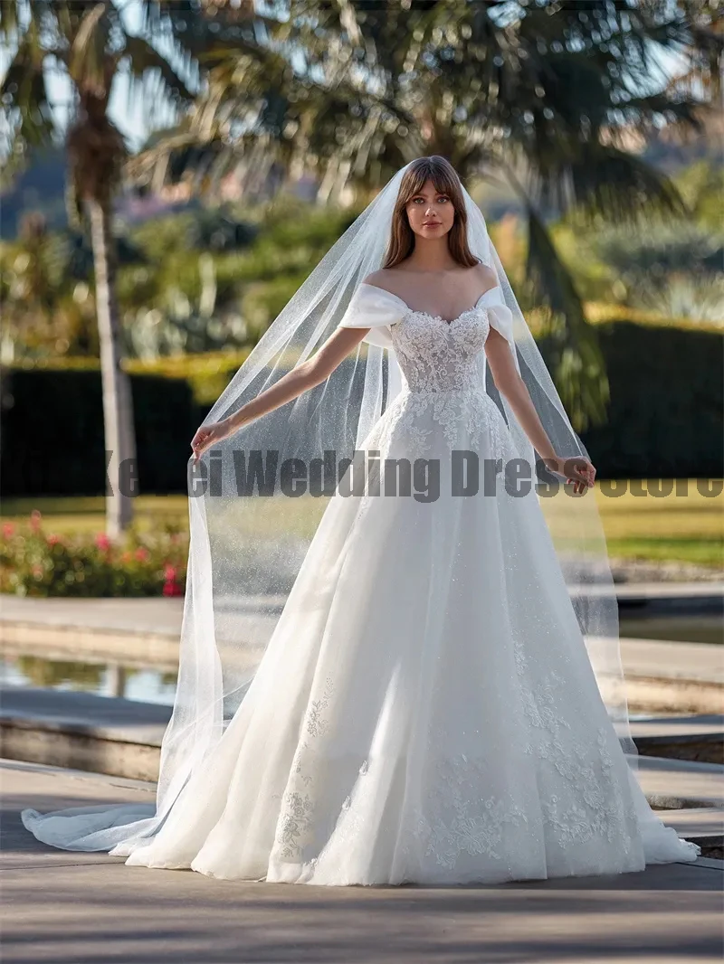 Precioso vestido de novia elegante, apliques de encaje exquisitos, hombros descubiertos, Sexy, sin espalda, esponjoso, estilo princesa