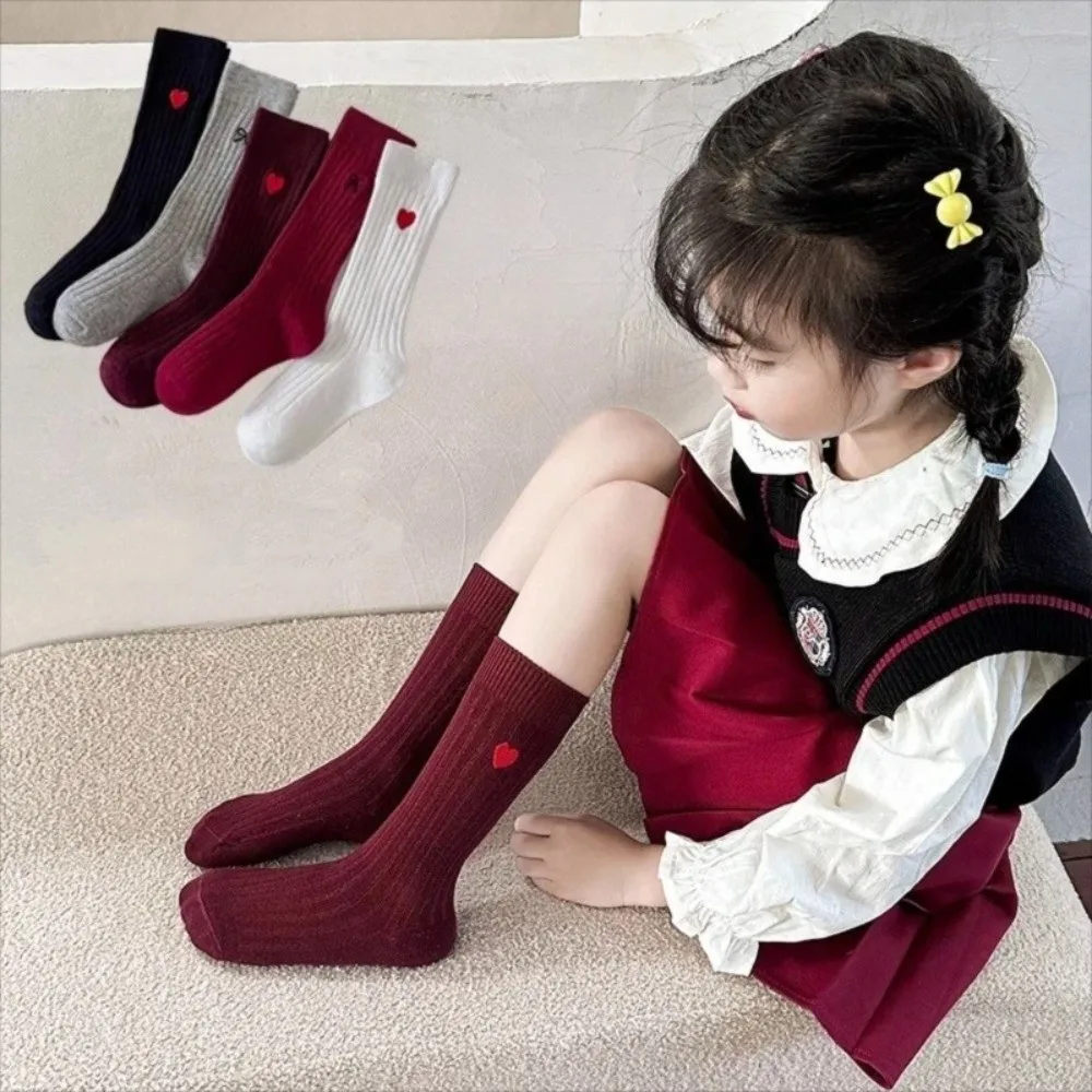 5 Pairs Soft Heart Bow Embroidery Socks Solid Color Absorb Sweat Middle Tube Socks Children High Long Socks Autumn