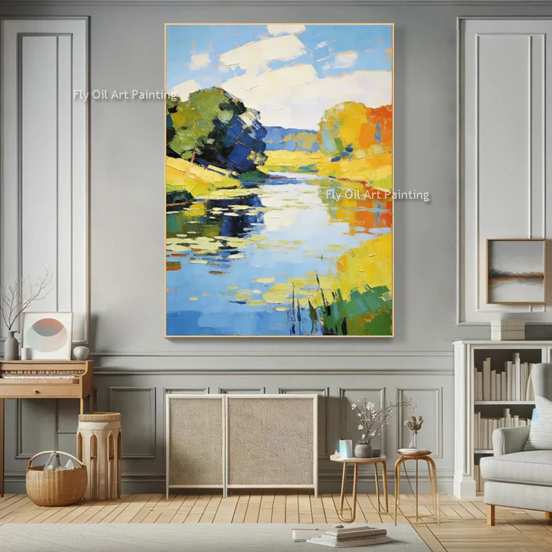 Modern Green Yellow Land And Blue River Canvas Oil Painting Handpainted Fashion Green Blue Landscpae Home Wall Decor Items