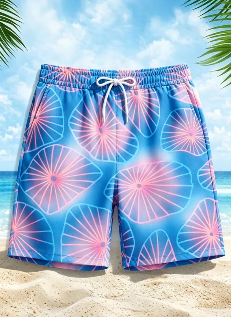 Men's neon gradient tropical print quick drying beach shorts, breathable and fashionable, suitable for all summer occasions.