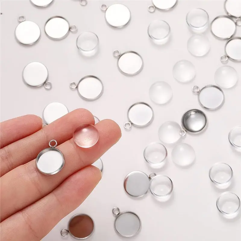 Jewelry Making Kit 400 Pieces Including Stainless Steel Round Blank Bezel Set, Glass Cabochon Trays And Blanks