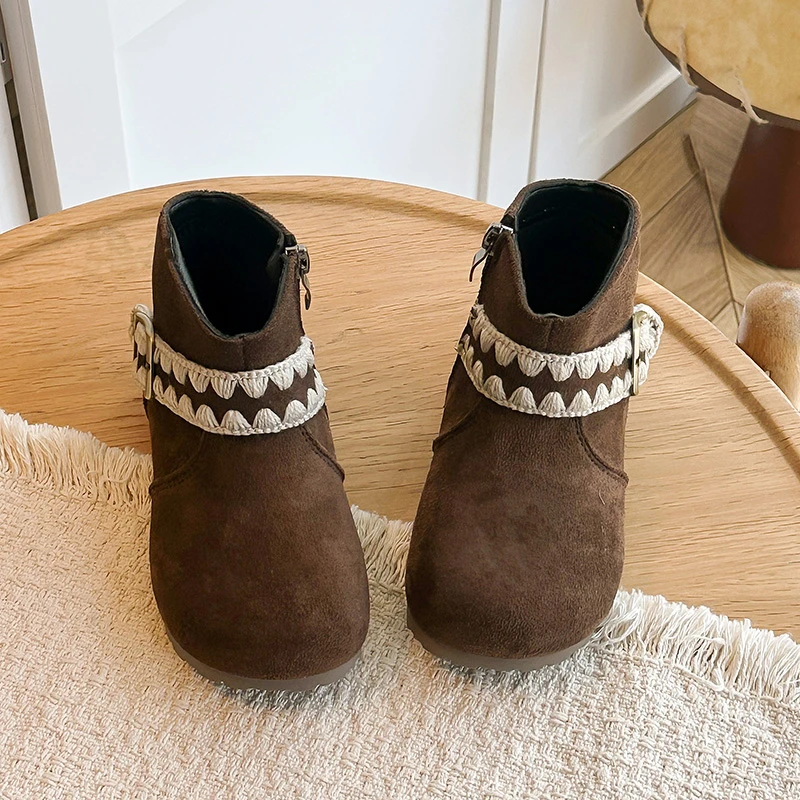 JGSHOWKITO Vintage Girls Suede Ankle Boots Embroidered Children Short Boots Autumn Non-slip Zipper Kids Causal Dress Flat Boots